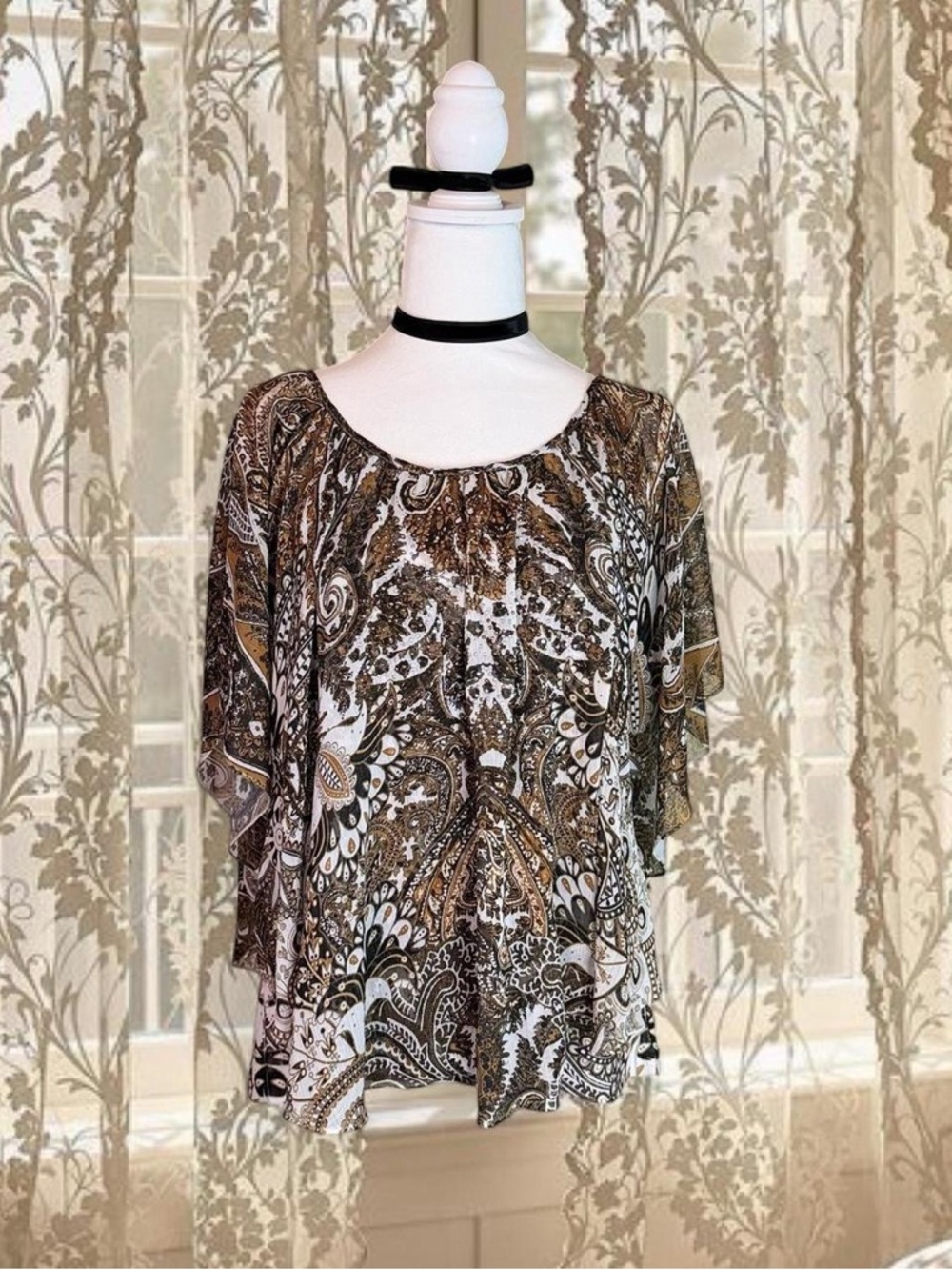 Vintage Y2K Fairycore Boho McBling Rhinestone Brown Paisley Flowy Top